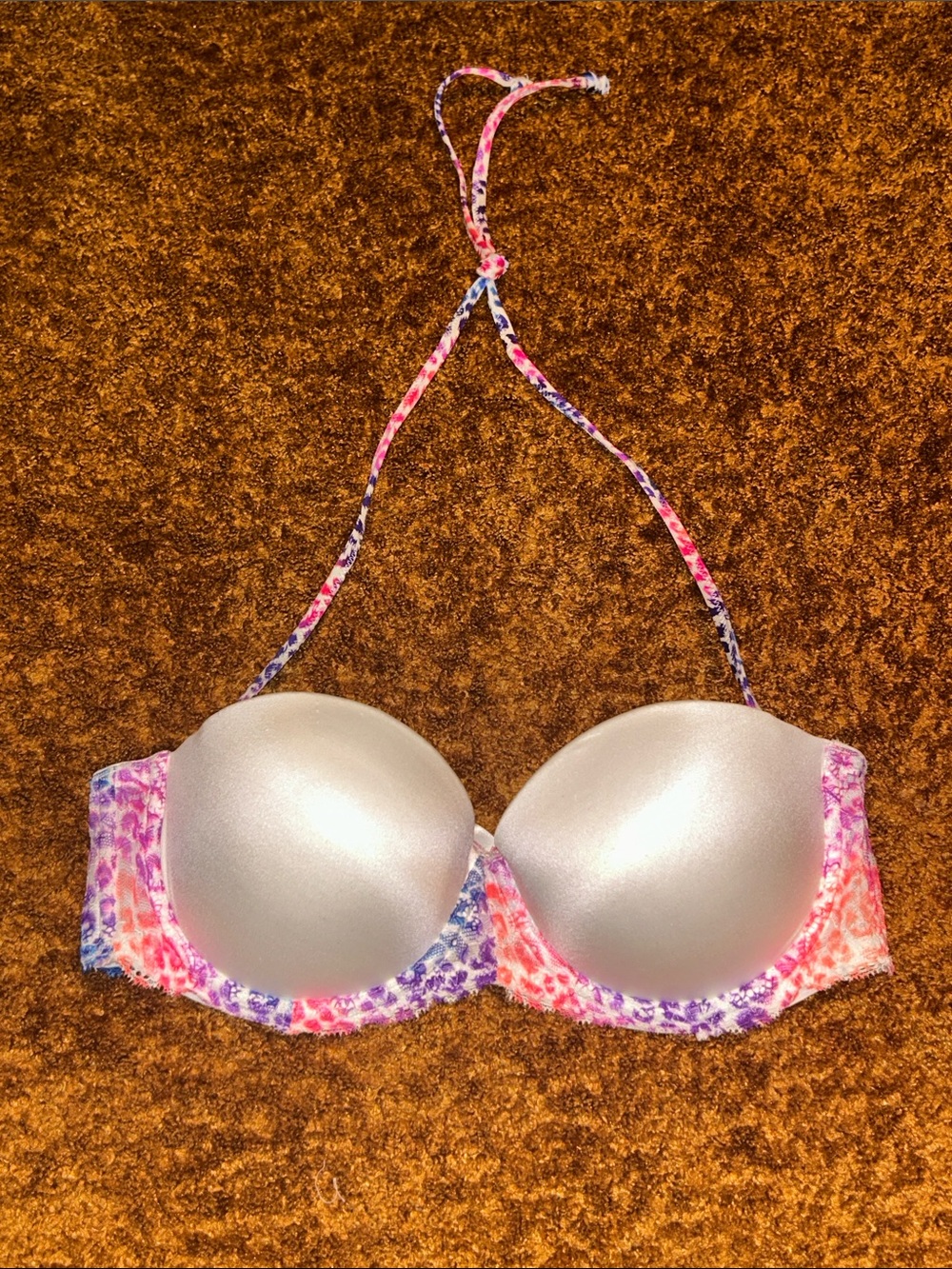 PINK Victoria's Secret Silver Push-Up Halter Bra with Pink & Purple Pattern